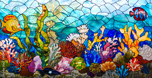 Fototapeta Naklejka Na Ścianę i Meble -  A stained glass window with colorful corals and fish.