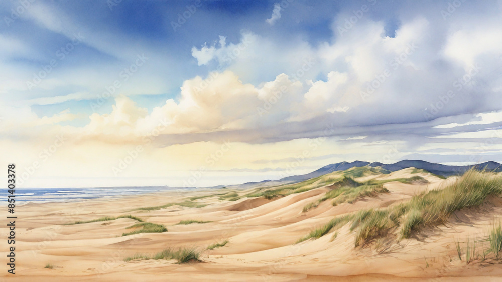 Obraz premium Watercolor painting: The windswept beauty of the Oregon Dunes National Recreation Area, the largest expanse of coastal sand dunes in North America,