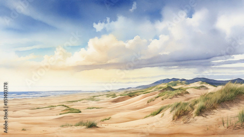 Watercolor painting: The windswept beauty of the Oregon Dunes National Recreation Area, the largest expanse of coastal sand dunes in North America, photo