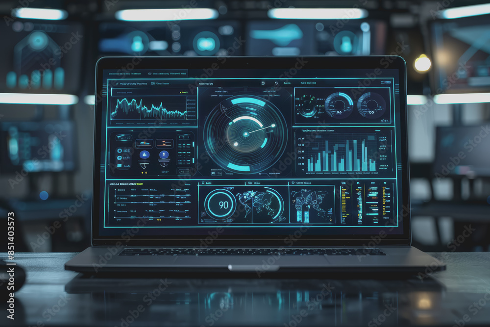A laptop on a table displays analytics and AI in a first-person perspective in a modern office. A laptop on a table displays analytics and AI in a first-person perspective in a modern office.