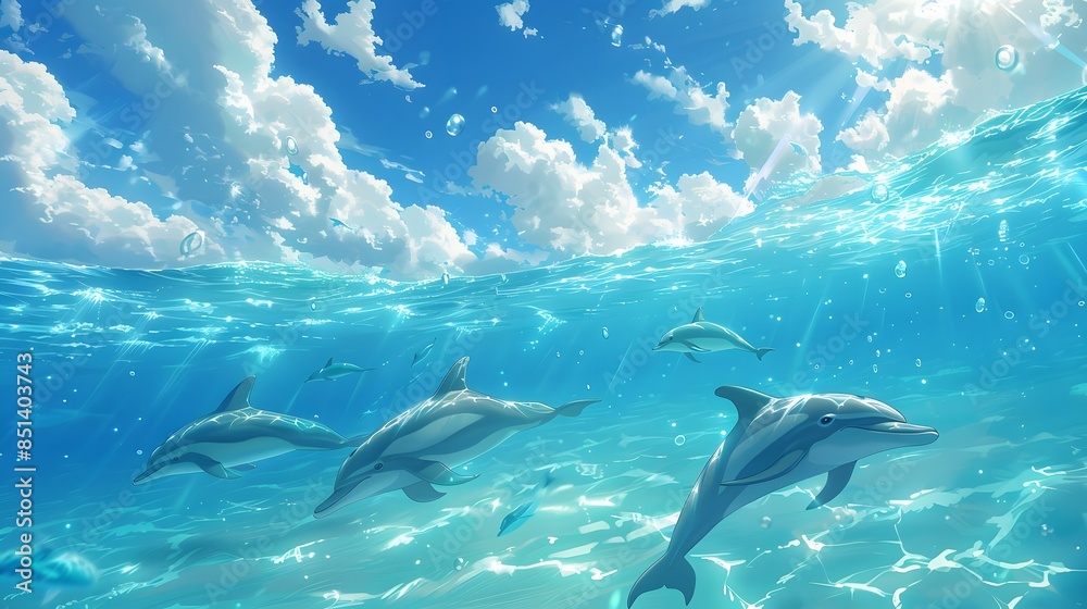 Fototapeta premium Dolphins Swimming in a Sunny Ocean
