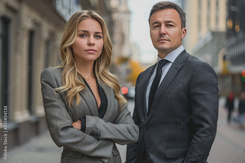 Colleagues business woman and man in the street near the business center, real estate background. Colleagues business woman and man in the street near the business center, real estate background.