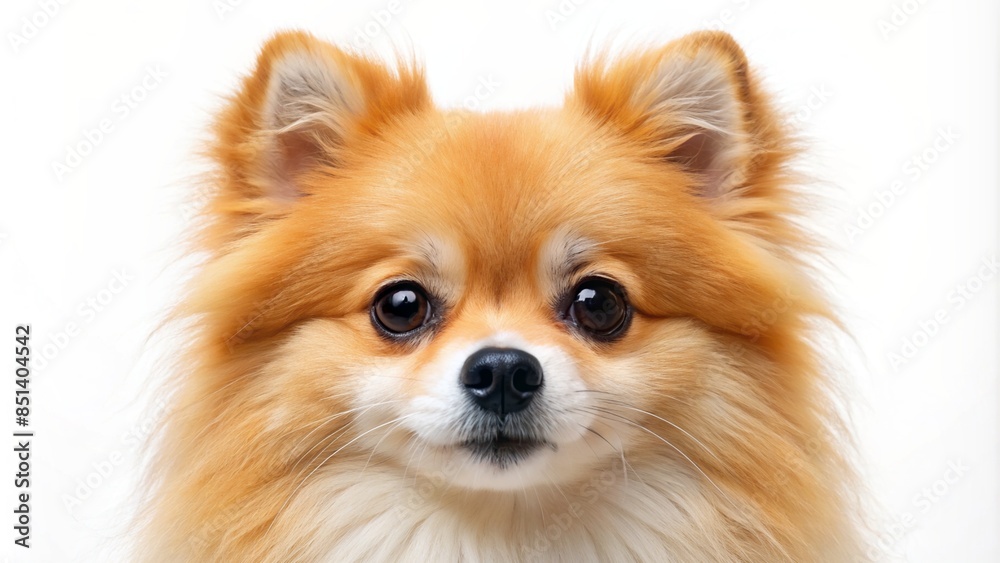 Close-up of a Pomeranian's face against a white background Close-up of a Pomeranian's face against a white background