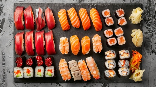 Assortment of Sushi Rolls and Nigiri on a Slate Plate