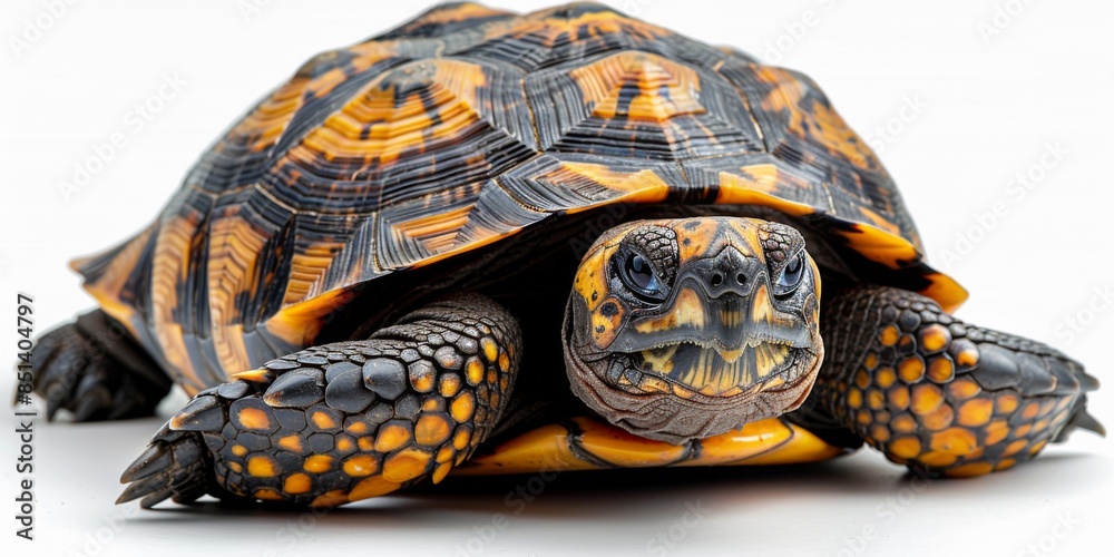 Close-up of a Hermann tortoise isolated on white background, displaying its detailed shell texture Close-up of a Hermann tortoise isolated on white background, displaying its detailed shell texture