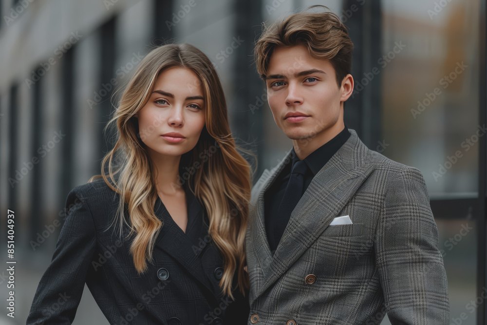 Colleagues business woman and man in the street near the business center, real estate background. Colleagues business woman and man in the street near the business center, real estate background.
