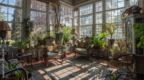 A sunroom with a vintage greenhouse feel, decorated with antique furniture, an assortment of potted plants, and sunlight filtering through large windows