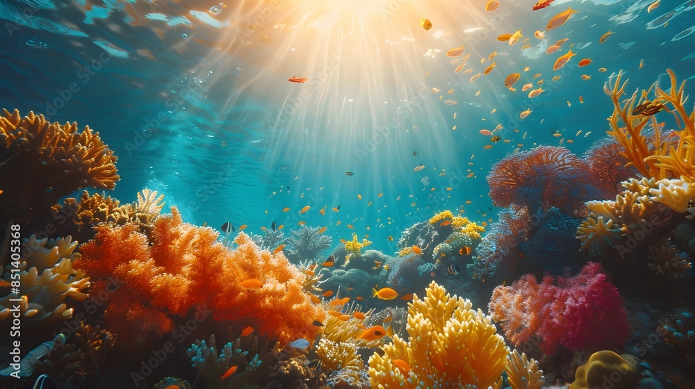Naklejka premium Sunbeams Illuminating a Vibrant Coral Reef