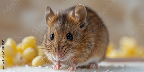 Gray common house mouse on plain white background. Minimalist rodent photography.