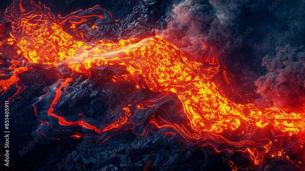 flowing lava with bright orange and yellow streaks and black solidified rock flowing lava with bright orange and yellow streaks and black solidified rock