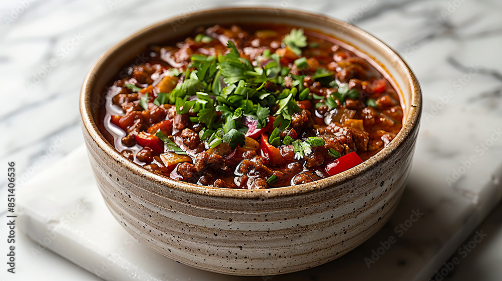 A bowl of chili with peppers and cilantro. A bowl of chili with peppers and cilantro.