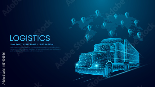 Logistics and Distribution 3d Truck Shipping Concept. Delivery Service and International Shipment Low Poly Wireframe Vector Illustration on Technological Blue Background.