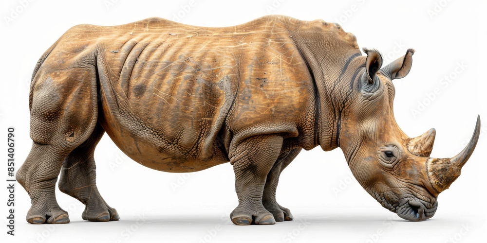 Obraz premium Adult rhino isolated on white background, showcasing African savanna fauna and endangered species