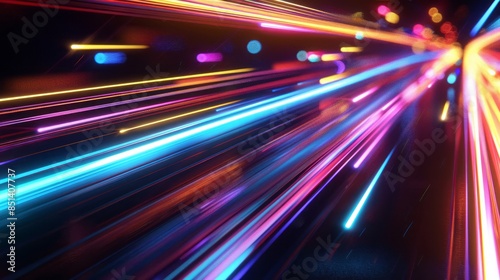 A dark background with colorful neon light stripes moving quickly from left to right, creating an atmosphere of speed and energy