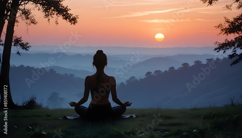 Woman doing yoga on the mountain against a sunset sky