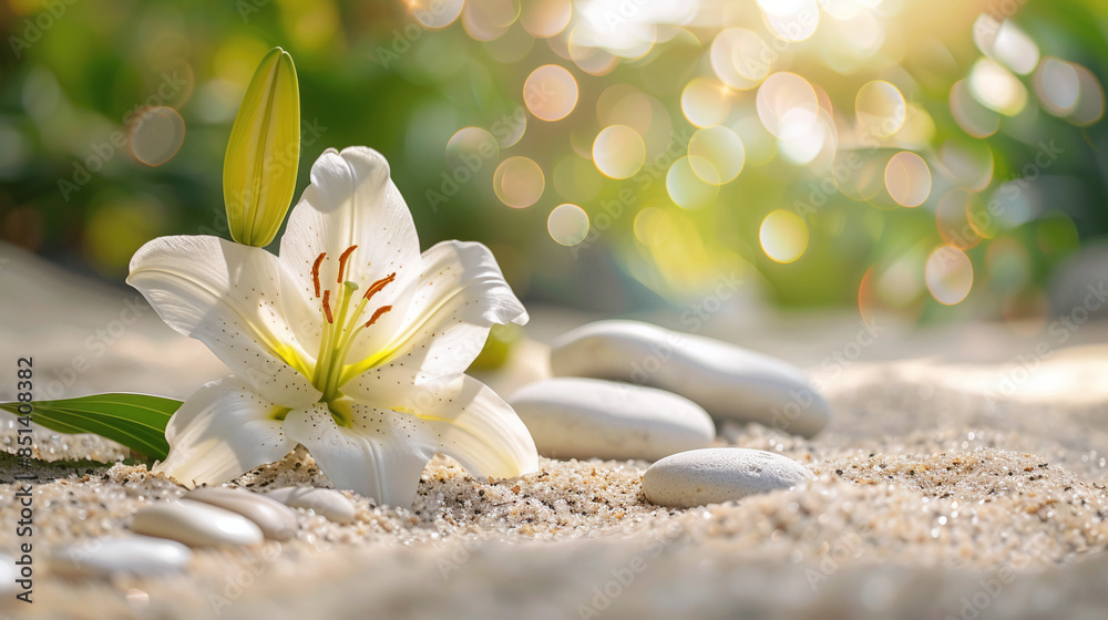 Zen stones on sandy background with sand lily in the garden background blurred Concept relaxation, Zen, spring. Zen stones on sandy background with sand lily in the garden background blurred Concept relaxation, Zen, spring.