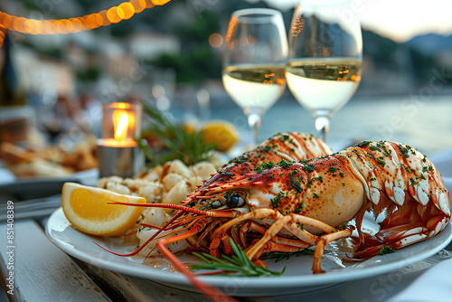 Romantic dinner at the beach restaurant overlooking the sunset on the ocean on a beautifully served table seafood and white wine. Boiled lobster with lemon. Copy space. Greek taverna photo