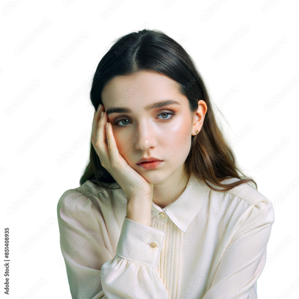 Young woman looking thoughtful on transparent background Young woman looking thoughtful on transparent background