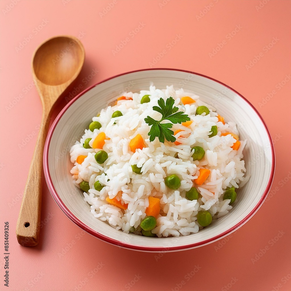 Delicious healthy vegetable basmati rice on coral colour background Delicious healthy vegetable basmati rice on coral colour background