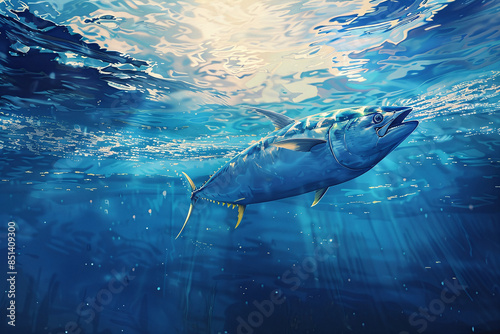 A large tuna swims through clear blue water, with sun rays penetrating the water	