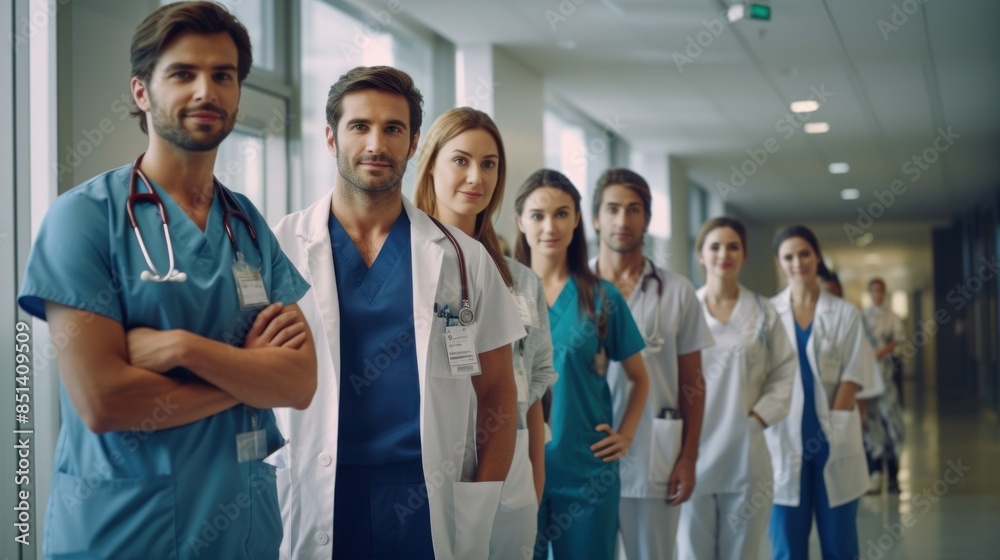 a group of nurses standing in the hospital corridor. They wore medical scrubs and stethoscopes a group of nurses standing in the hospital corridor. They wore medical scrubs and stethoscopes