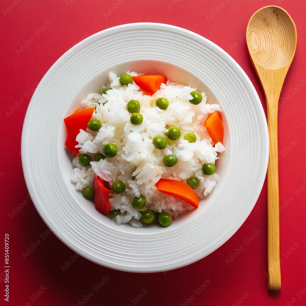 Delicious healthy vegetable basmati rice on red background Delicious healthy vegetable basmati rice on red background