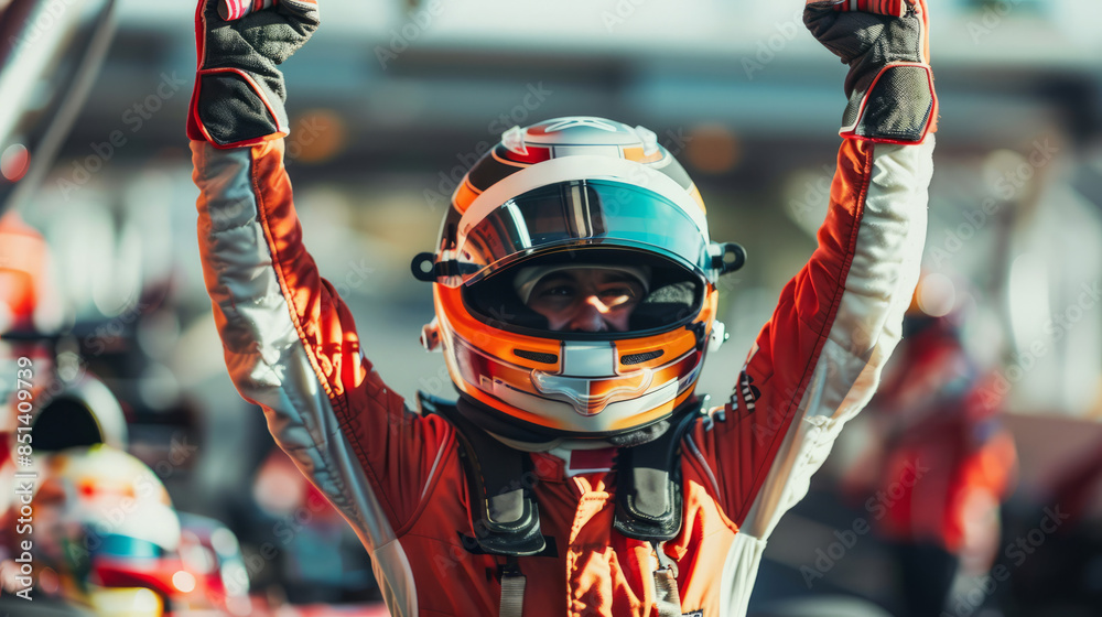 Obraz premium Motor sport race car driver celebrating winning a car race