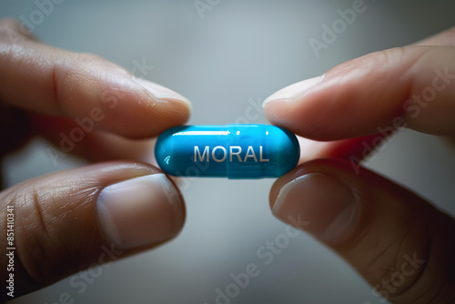 Close-up of the fingers holding a blue capsule with the word "Moral" written on it, symbolizing ethical considerations.