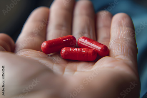 Close-up of hands holding the red capsules with the word 
