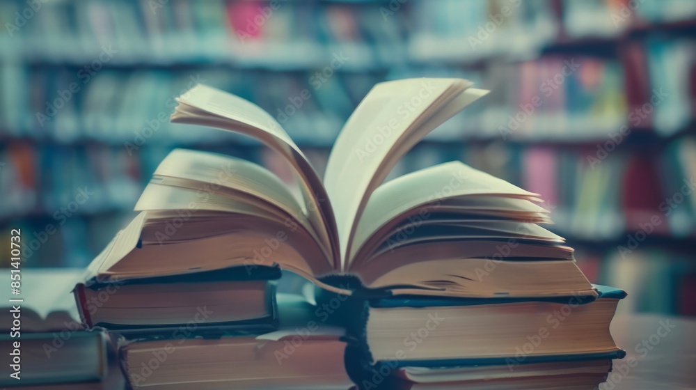Open Book on a Stack in a Library Setting Open Book on a Stack in a Library Setting