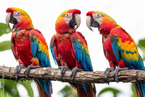 Colorful Macaw Parrot, vibrant and exotic, isolated on a pristine white background. Striking avian beauty. photo