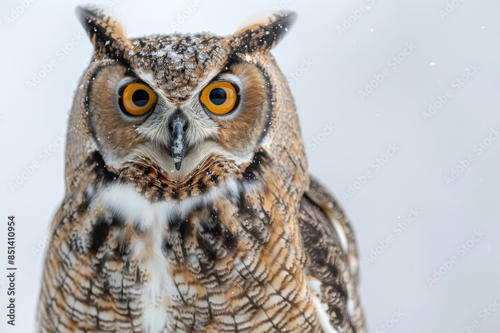 Fototapeta premium Full body owl perched on branch isolated on white background, detailed and vibrant