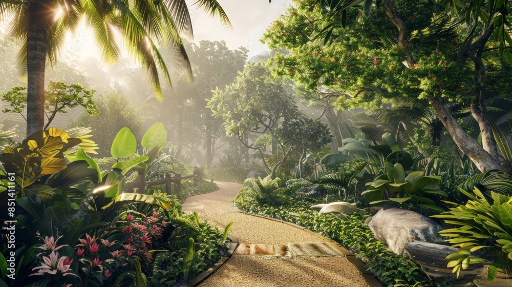 Sun-Dappled Path Through a Lush Tropical Jungle Sun-Dappled Path Through a Lush Tropical Jungle