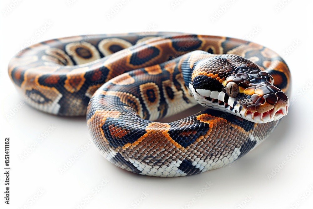 Full body reticulated python in platinum color isolated on white background, exotic and striking Full body reticulated python in platinum color isolated on white background, exotic and striking