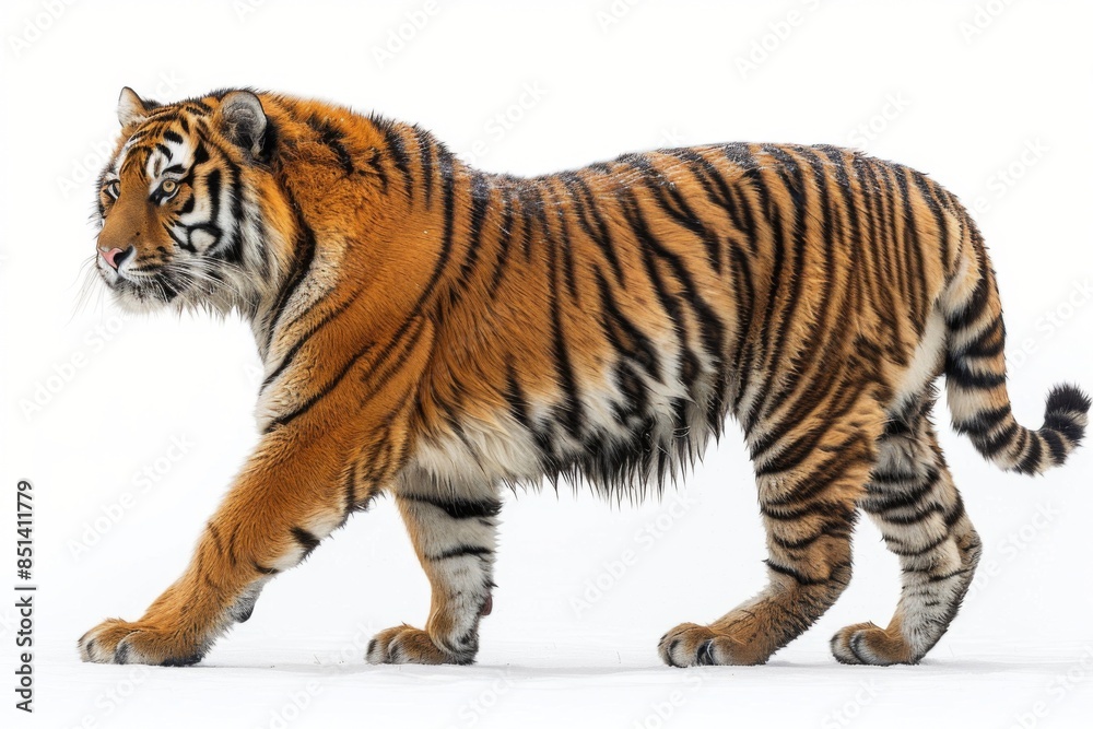 Obraz premium Side view of a majestic tiger walking away isolated on white background, detailed and powerful