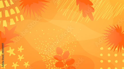Horizontal background of bright orange color with leaves, abstract shapes and textures. Colorful vector banner template with copy space for summer design. Playful backdrop.