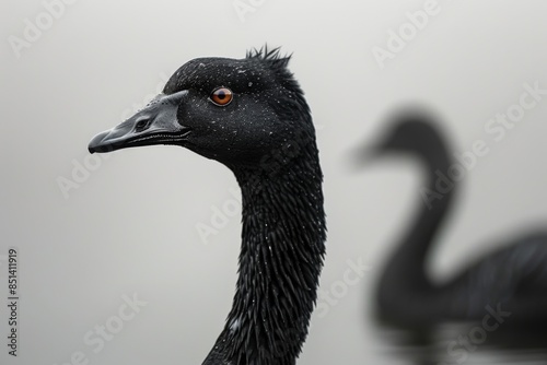 Sleek ebony-colored goose in striking monochrome against pristine white background, bold and dramatic photo