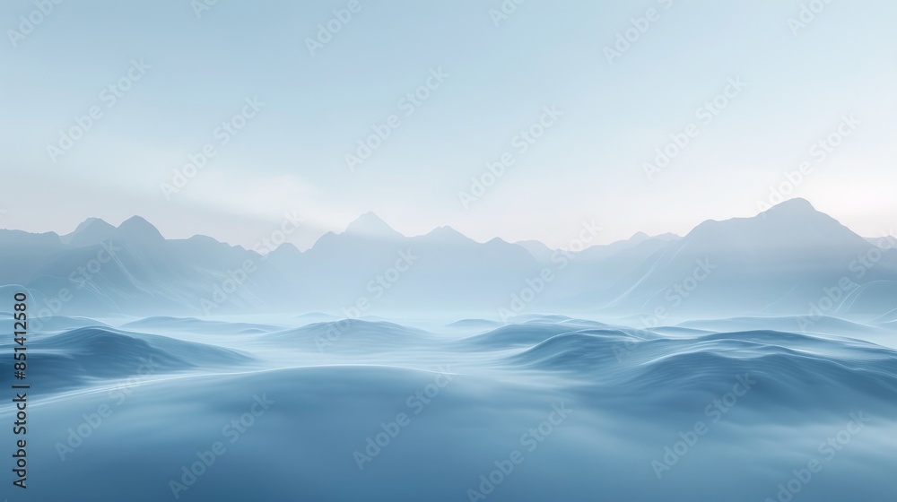 Serene landscape with gentle water waves and mountain silhouettes under a soft, hazy sky