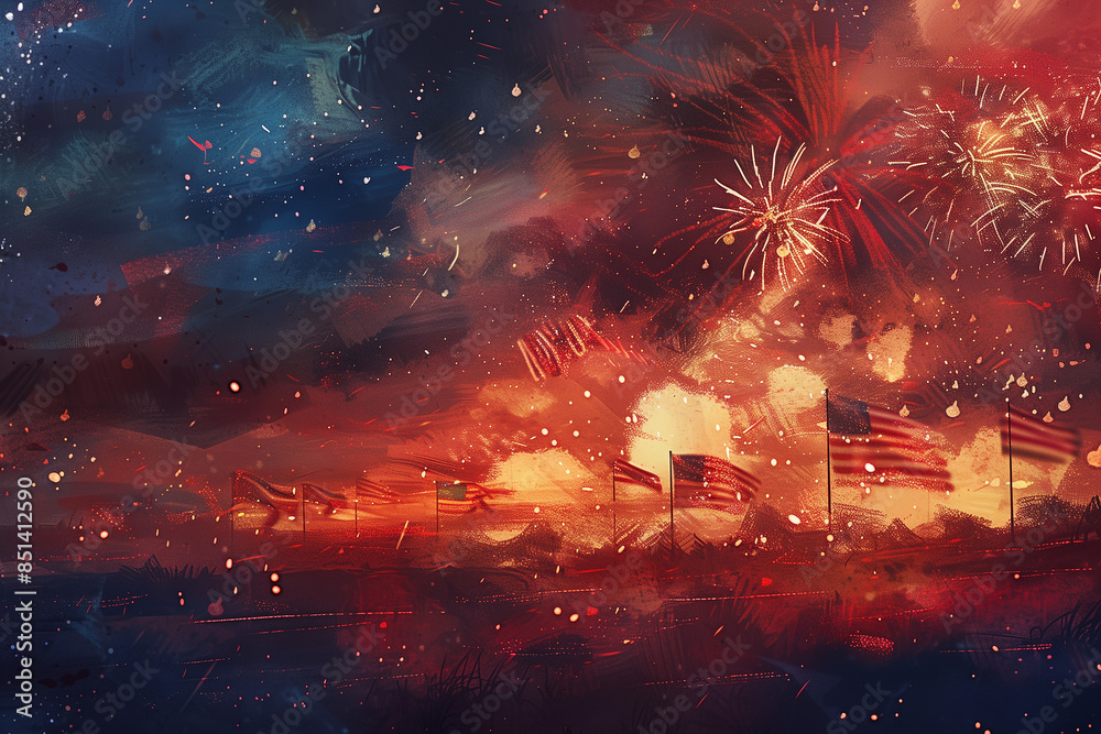 Fototapeta premium an illustration of a grand firework show with American flags and Firebrick red hues