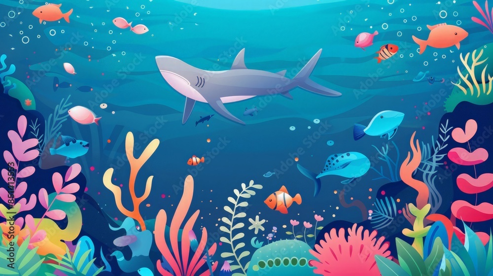 Fototapeta premium Colorful Underwater Scene with Shark and Coral Reef