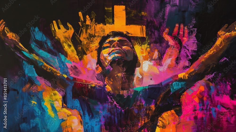 Fototapeta premium oil paint abstract illustration of christian man worship with hands raised on black background. cultural diversity concept