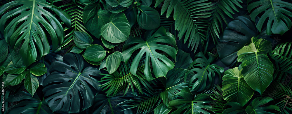 Abstract texture of green tropical leaves, ferns and monstera in a dark forest nature background. Abstract texture of green tropical leaves, ferns and monstera in a dark forest nature background.