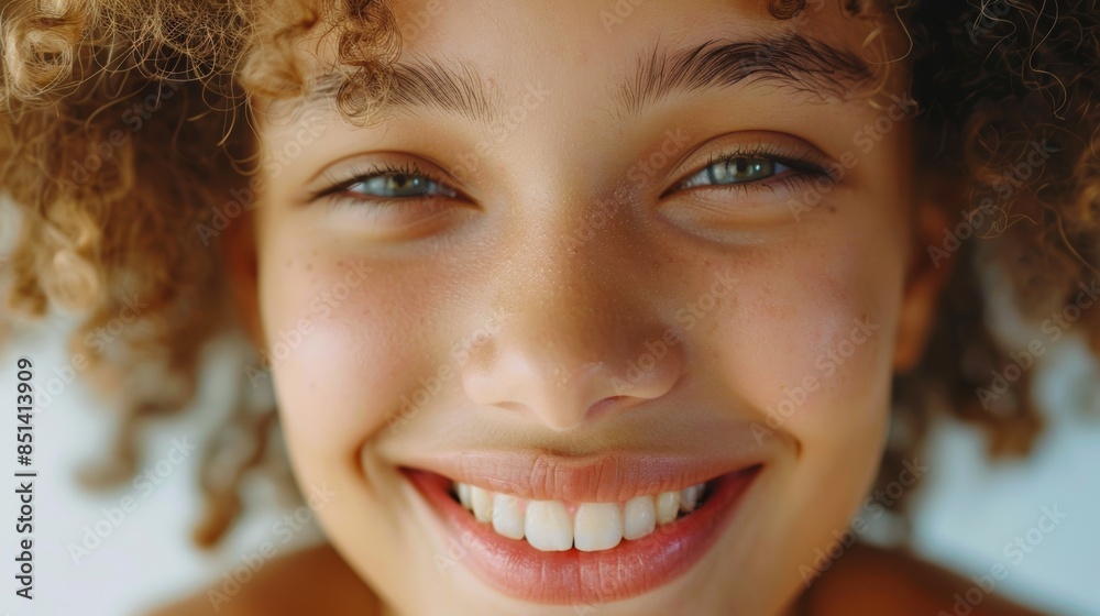 close-up of a young woman smiling brightly with curly hair and freckles close-up of a young woman smiling brightly with curly hair and freckles