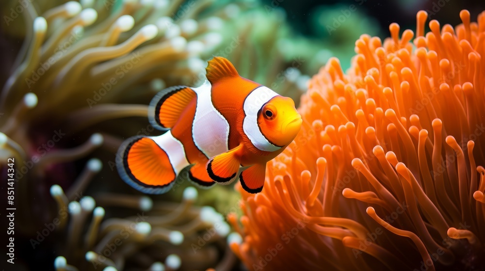 Vivid Clownfish and Anemone Interaction in Underwater Marine Environment Vivid Clownfish and Anemone Interaction in Underwater Marine Environment