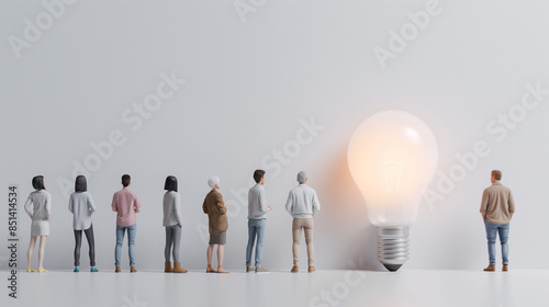 Group of men and women, bright light bulbs The idea of ​​seeking knowledge, ingenuity, originality, standing out from the crowd. Innovation Communication Business Concept. Vector