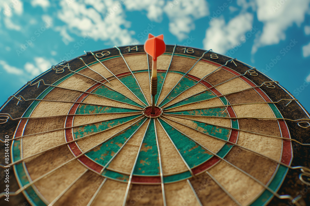 Obraz premium Red arrow in the middle of the dartboard Ideas are business goals. Darts are opportunities. Setting goals and achieving business goals.