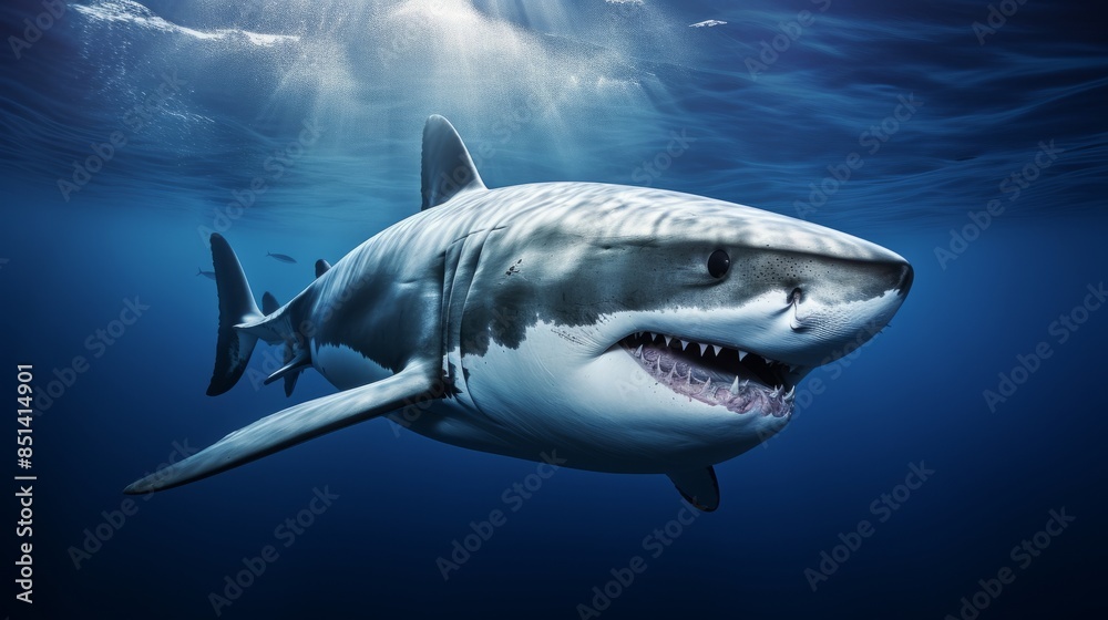 Majestic Great White Shark Gliding Through Deep Blue Ocean with Other Marine Life Silhouettes in Background - High-resolution Underwater Wildlife Photography Capturing Strength and Imposing Size Majestic Great White Shark Gliding Through Deep Blue Ocean with Other Marine Life Silhouettes in Background - High-resolution Underwater Wildlife Photography Capturing Strength and Imposing Size