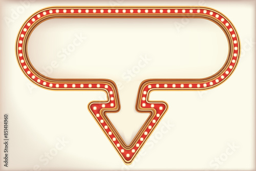 Retro advertising arrow sign red marquee gold light board on white background. Vector illustration