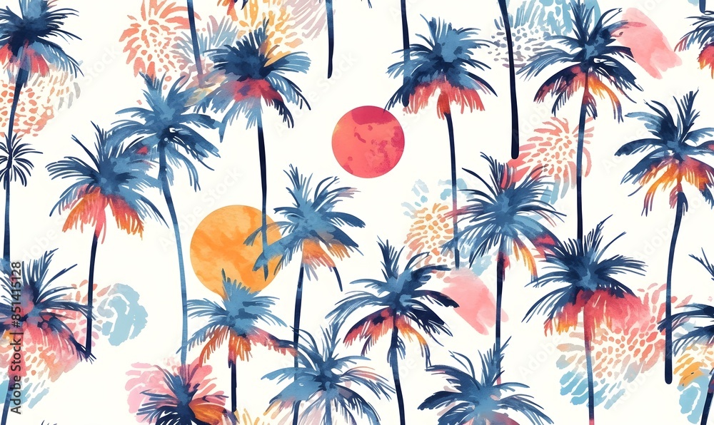 Summer tropical palm trees and sun on white background, Generative AI Summer tropical palm trees and sun on white background, Generative AI