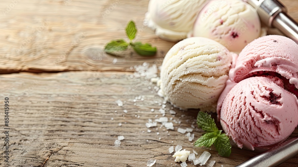 Ice cream scoops on wooden table ,Free space, background. Ice cream scoops on wooden table ,Free space, background.